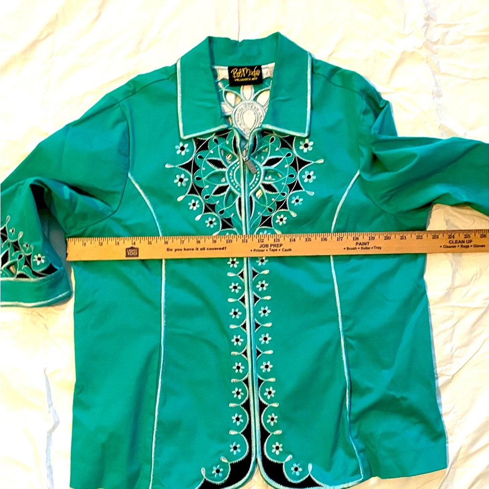 Bob Mackie Wearable Art Teal Green Laser Cut Embroidered Zip up Jacket - Picture 6 of 8